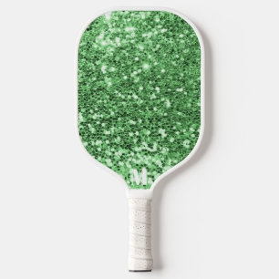 Chic Green White Glittery Sparkles Modern Monogram Pickleball Paddle