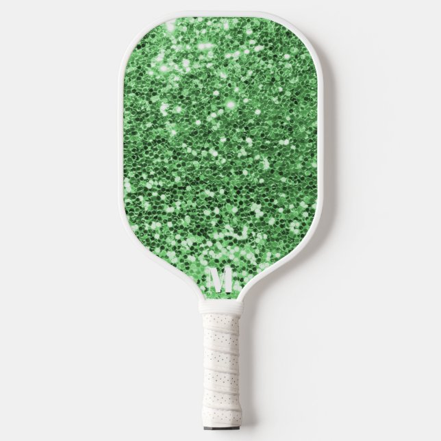 Chic Green White Glittery Sparkles Modern Monogram Pickleball Paddle (Front)