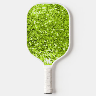 Chic Green White Glittery Sparkles Modern Monogram Pickleball Paddle