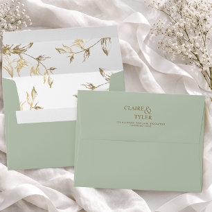 Chic Green with White and Gold Floral Wedding Envelope