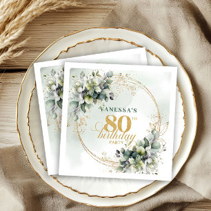 Chic Greenery and Gold Botanical 80th Birthday Napkin