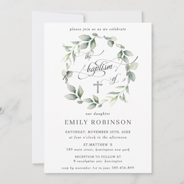 Chic Greenery Botanical Wreath Silver Baptism  Invitation (Front)