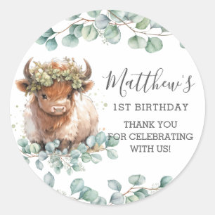 Chic Greenery Cute Highland Cow Thank You Favor Classic Round Sticker