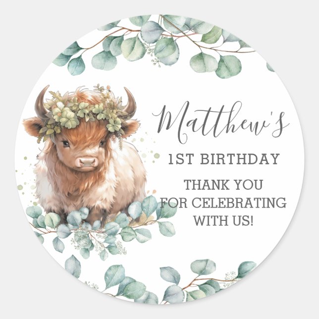 Chic Greenery Cute Highland Cow Thank You Favour Classic Round Sticker (Front)