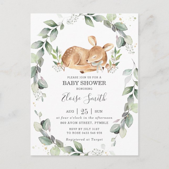 Chic Greenery Deer Baby Shower Neutral Invitation Postcard (Front)