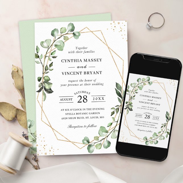 Chic Greenery Eucalyptus Geometric Frame Wedding Invitation (Perfect for couples planning a modern and sophisticated wedding.)