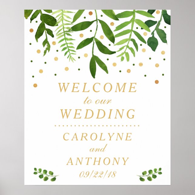 Chic Greenery & Gold Foil Wedding Welcome Sign (Front)