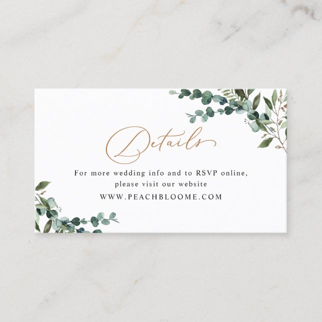 Chic Greenery Gold Wedding Details Enclosure Card (Front)