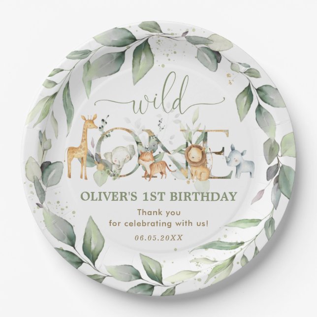 Chic Greenery Jungle Animals 1st Birthday Wild One Paper Plate (Front)