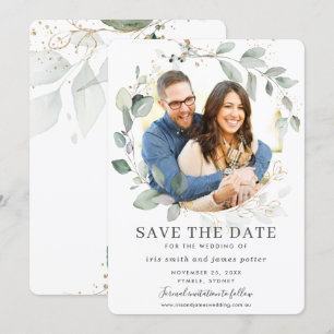 Chic Greenery Leaves Gold Photo Save the Date Card