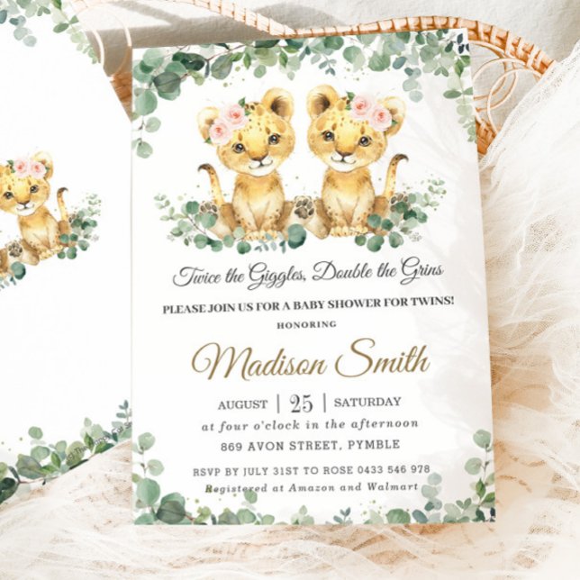 Chic Greenery Lion Cubs Twin Girls Baby Shower Invitation (Creator Uploaded)