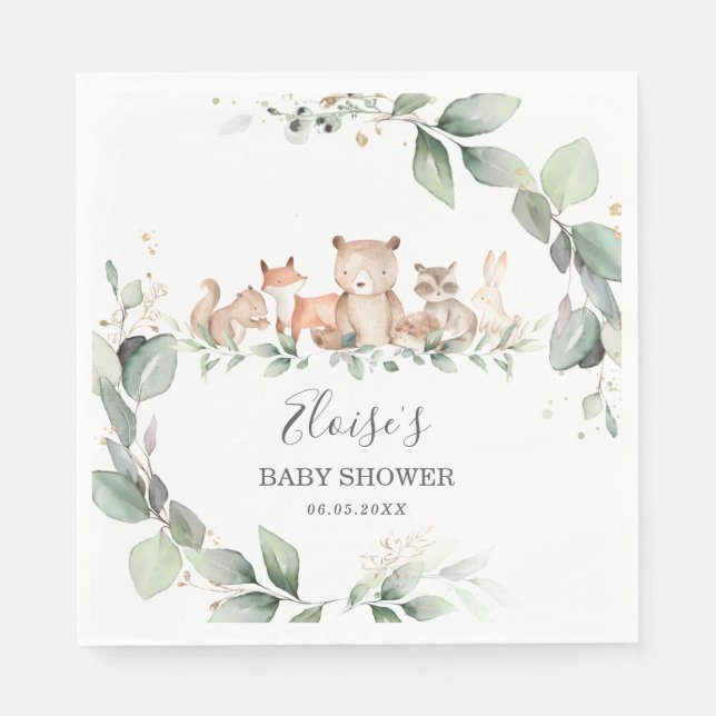 Chic Greenery Woodland Animals Baby Shower Neutral Napkin (Front)