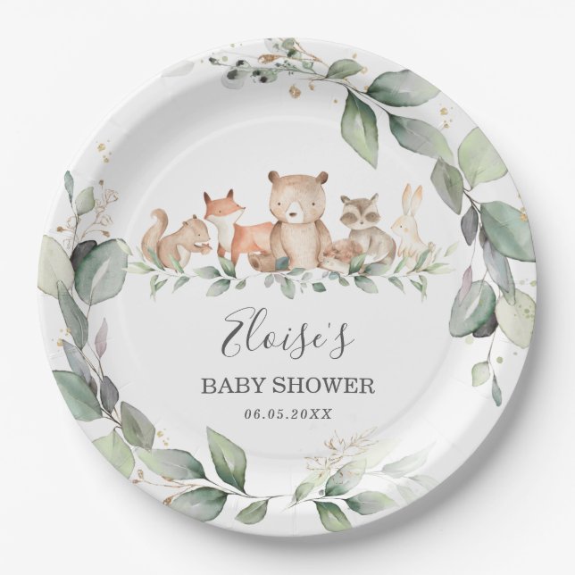 Chic Greenery Woodland Animals Baby Shower Neutral Paper Plate (Front)