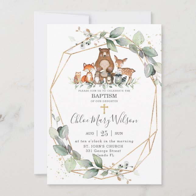 Chic Greenery Woodland Animals Baptism Christening Invitation (Front)