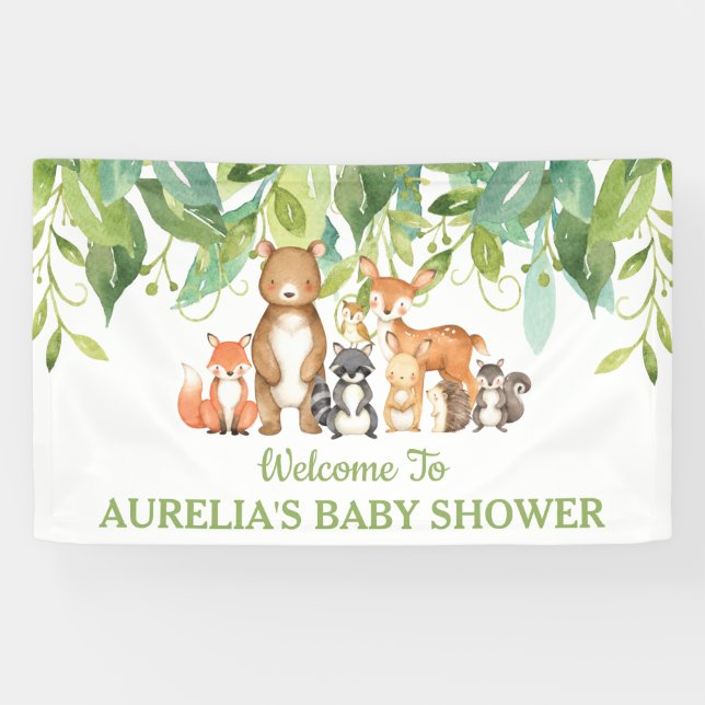 Chic Greenery Woodland Animals Welcome Backdrop Banner (Horizontal)