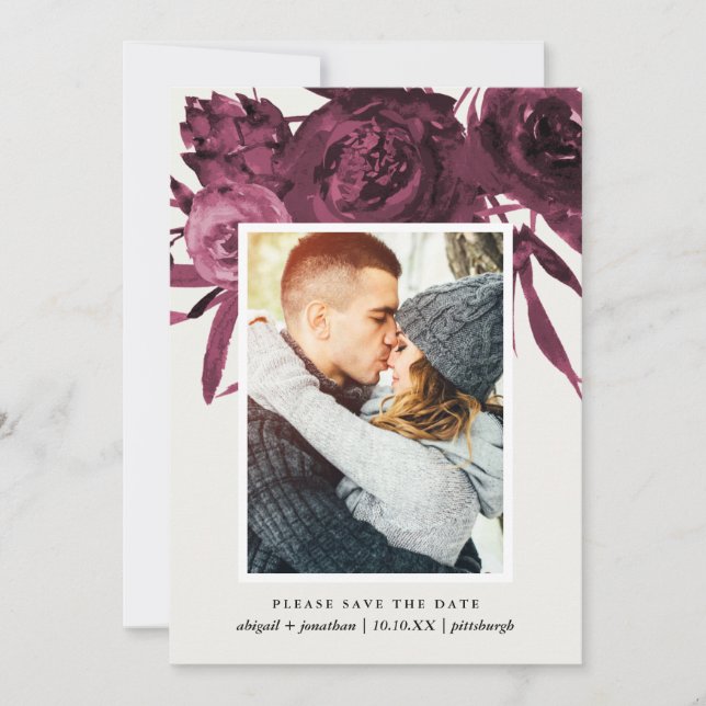 Chic Grey and Burgundy Floral Photo Save the Date (Front)