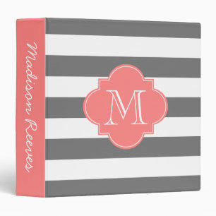 Chic Grey and Coral Striped Custom Monogram Binder