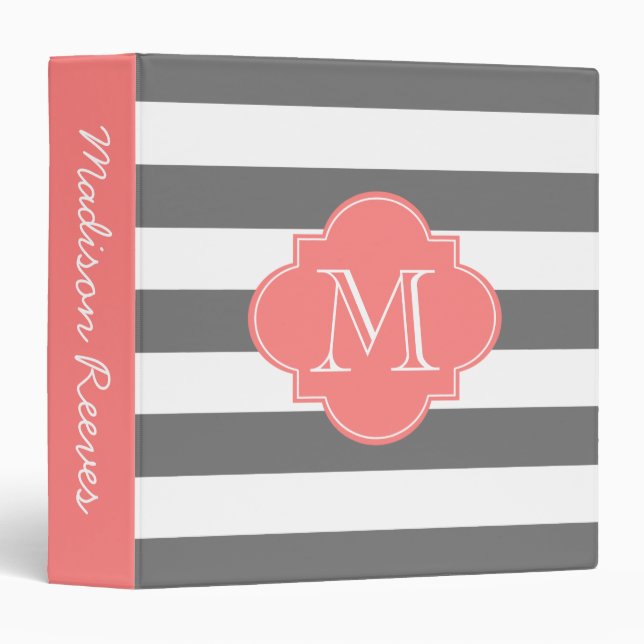 Chic Grey and Coral Striped Custom Monogram Binder (Front/Spine)