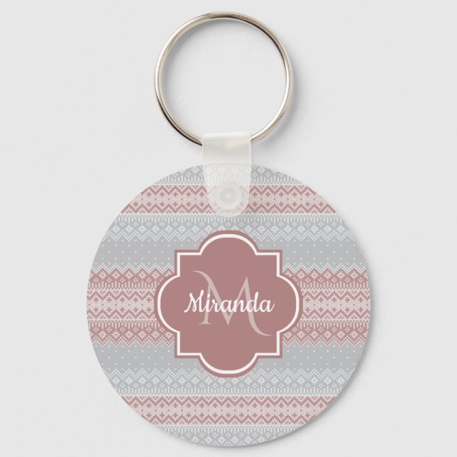 Chic Grey and Dusky Pink Knit Stripes and Monogram Keychain (Front)