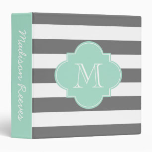 Chic Grey and Mint Striped Custom Monogram Binder