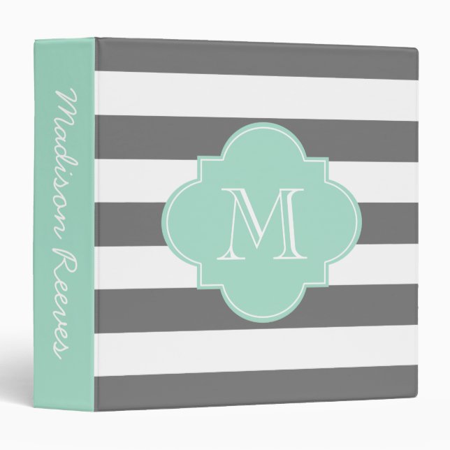 Chic Grey and Mint Striped Custom Monogram Binder (Front/Spine)