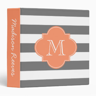 Chic Grey and Orange Striped Custom Monogram Binder