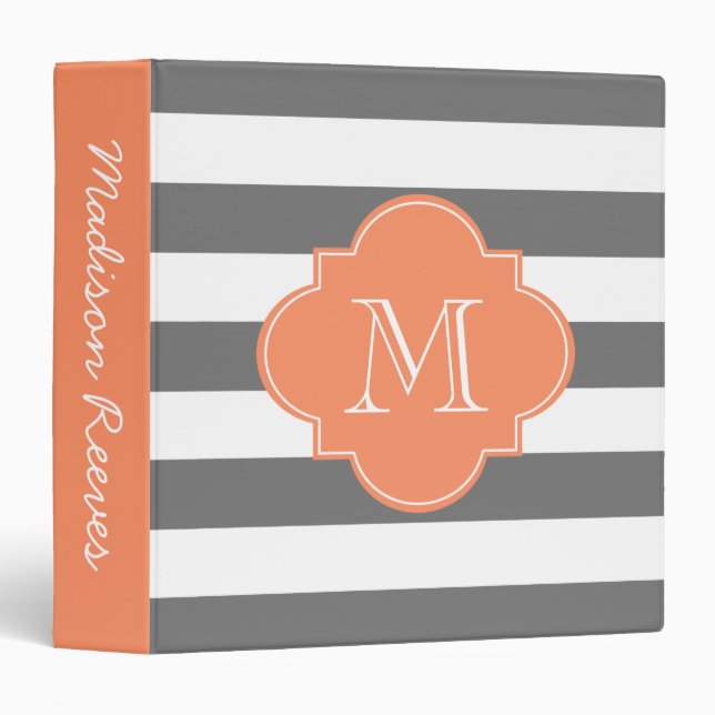 Chic Grey and Orange Striped Custom Monogram Binder (Front/Spine)
