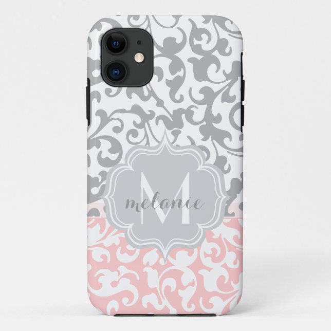 Chic Grey and Pink Damask Swirls Monogram Case-Mate iPhone Case (Back)