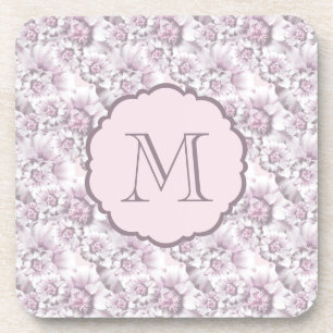 Chic Grey and Pink Floral Pattern Monogram Coaster