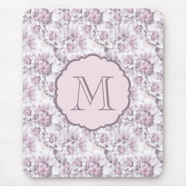 Chic Grey and Pink Floral Pattern Monogram Mouse Pad (Front)