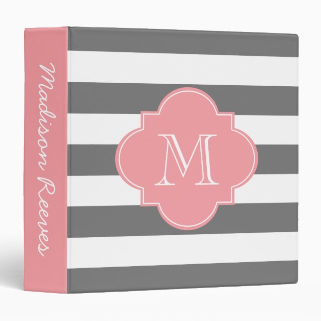 Chic Grey and Pink Striped Custom Monogram Binder (Front/Spine)