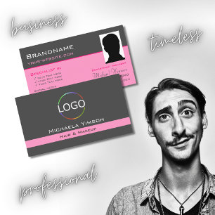 Chic Grey and Pink with Logo & Photo Professional Business Card