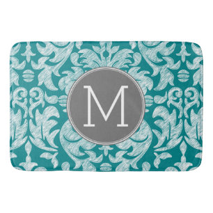 Chic Grey and Teal Damask Pattern Custom Monogram Bath Mat