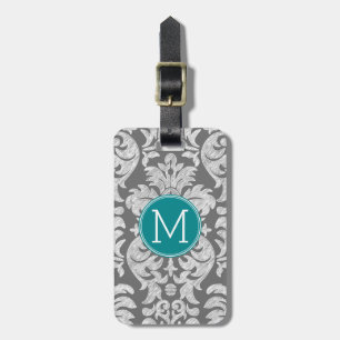 Chic Grey and Teal Damask Pattern Custom Monogram Luggage Tag