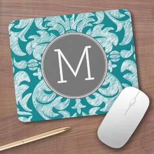 Chic Grey and Teal Damask Pattern Custom Monogram Mouse Pad
