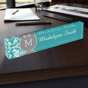 Chic Grey and Teal Damask Pattern Custom Monogram Nameplate