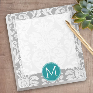 Chic Grey and Teal Damask Pattern Custom Monogram Notepad