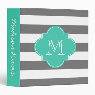 Chic Grey and Turquoise Striped Custom Monogram Binder