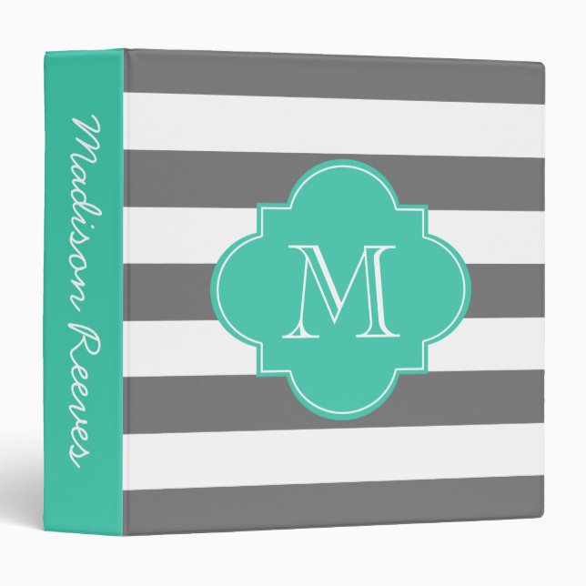 Chic Grey and Turquoise Striped Custom Monogram Binder (Front/Spine)