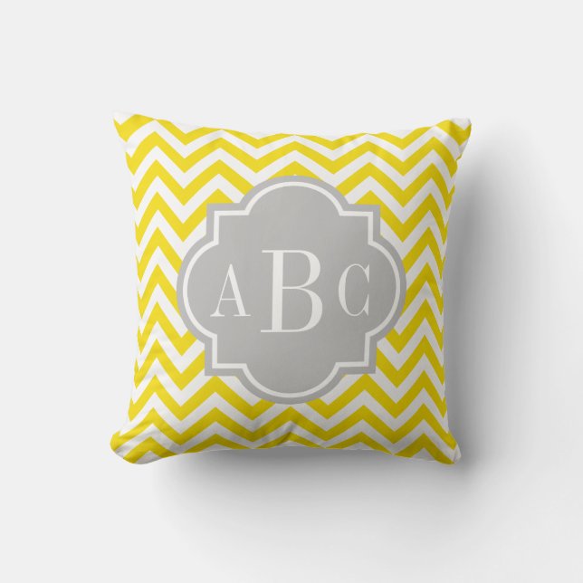 Chic grey and yellow chevron quatrefoil pattern throw pillow (Front)