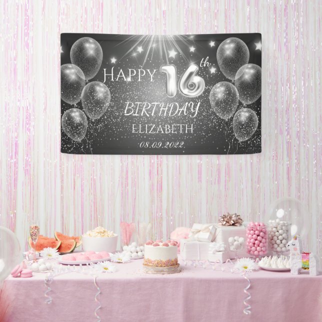Chic Grey Balloons Stars 16th Birthday  Banner (Party)