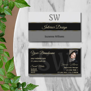 Chic Grey Borders on Black with Monogram and Photo Business Card