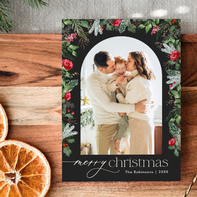 Chic Grey Botanical Arch 1 Photo Merry Christmas Holiday Card (Creator Uploaded)