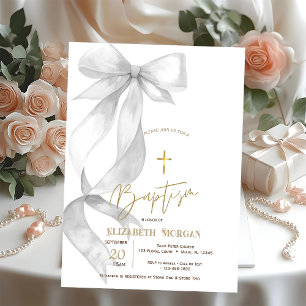 Chic Grey Bow Gold Cross Baptism Invitation