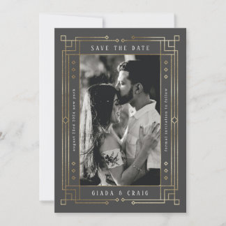 Chic Grey Faux Gold Foil Art Deco Save the Date Announcement