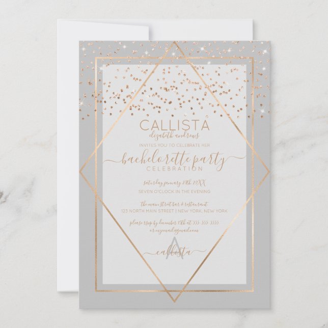 Chic Grey Gold Confetti Border Bachelorette Invitation (Front)