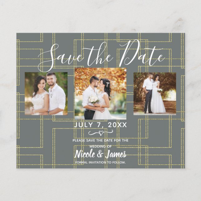Chic Grey & Gold Geometric Glam Save The Date  (Front)