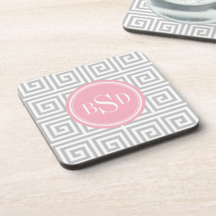 Chic grey greek key geometric patterns monogram coaster