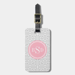 Chic grey greek key geometric patterns monogram luggage tag