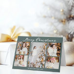 Chic Grey Green Christmas Photo Collage Folded Holiday Card<br><div class="desc">Elegant grey green Merry Christmas cards with chic handwritten scrawl above your family photo collage of your 5 favorite 2025 pictures. Chic and contemporary Christmas cards featuring one vertical photograph in the center and 4 square pictures on the sides.</div>